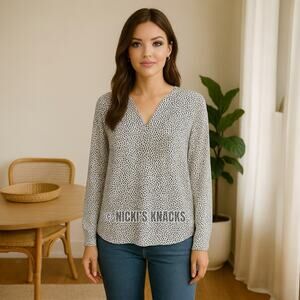 Adrianna Papell Black & White Print V Neck Long Sleeve Workwear Blouse Size S